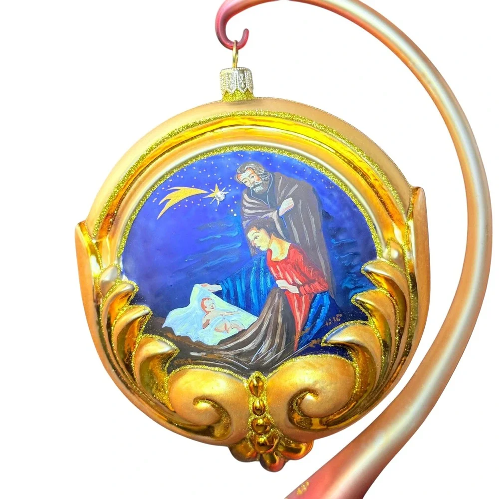 Bombkarnia Glass Holy Family Nativity‎ Scene Medallion Ornament and Glass Stand